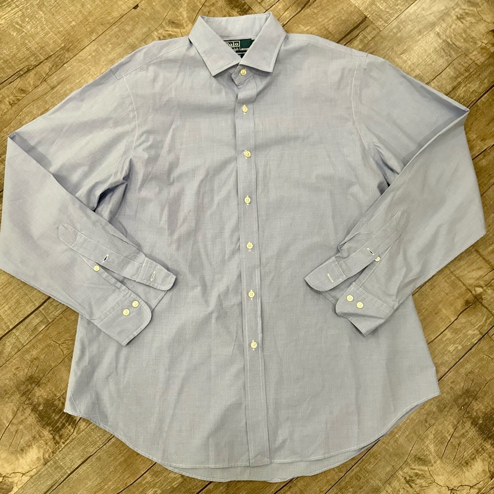 Polo Ralph Lauren Estate Men's Blue Micro Check Dress Shirt 17‎ 34/35